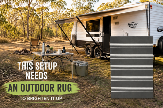 Grey outdoor rug beside caravan in Australian campsite