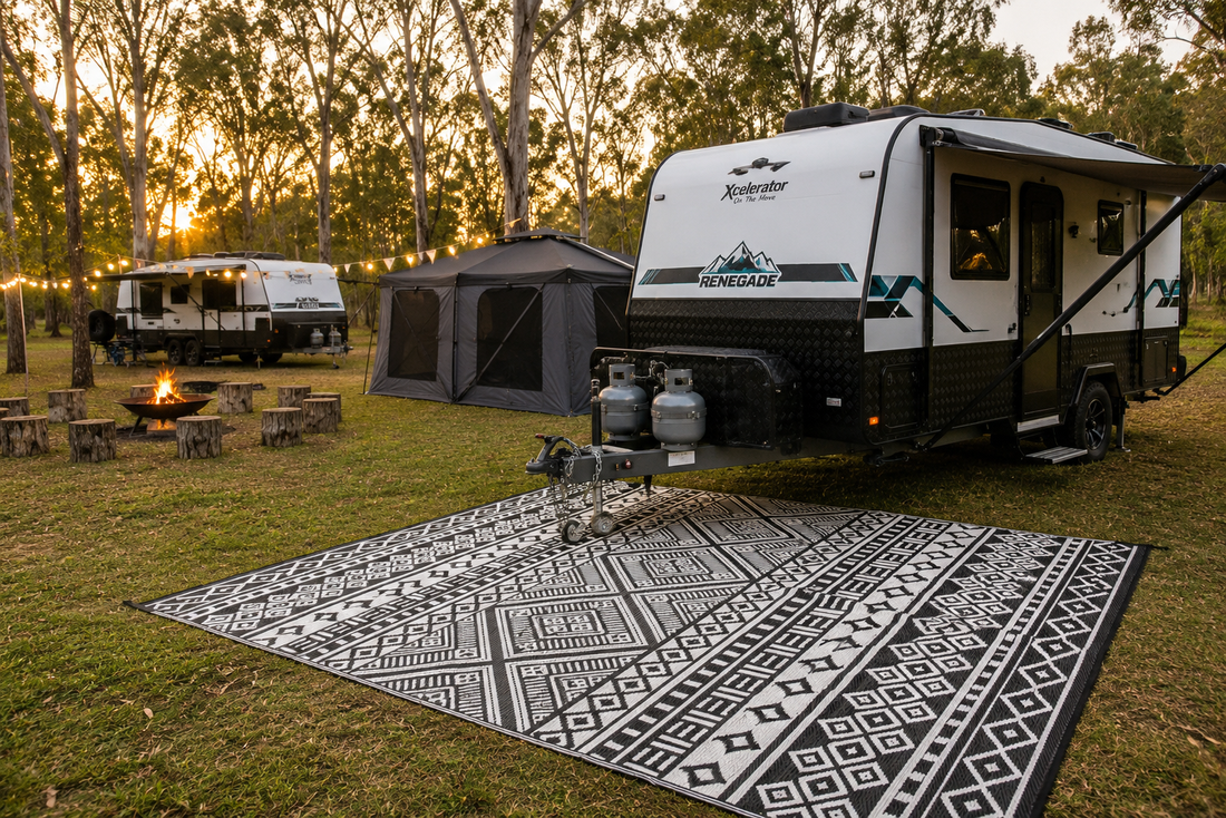 Camping rug beside caravan showing comfortable outdoor camping setup