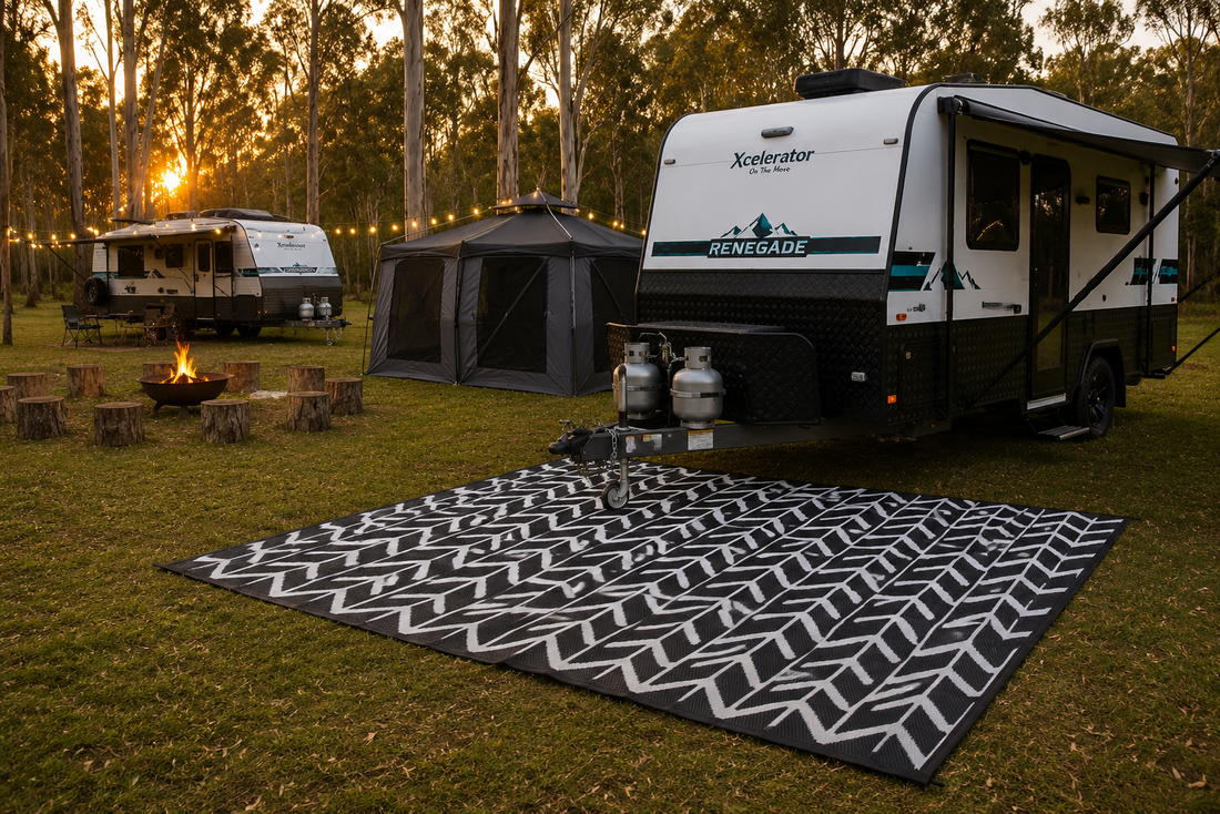 Best Recycled Camping Mats in Australia next to caravan