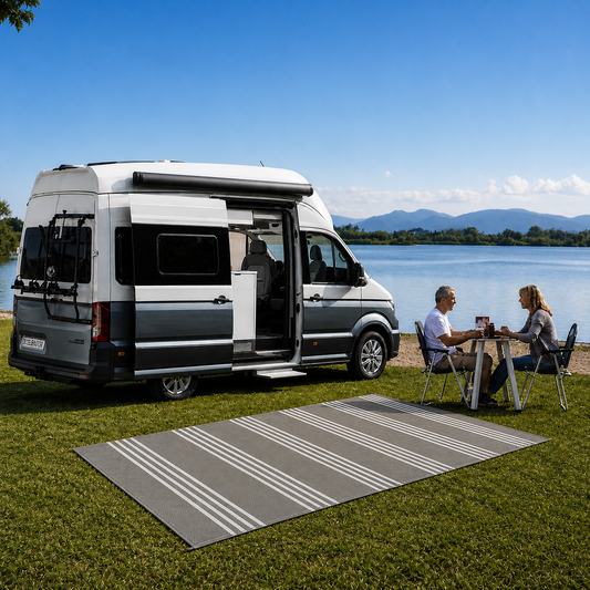 Woven polypropylene outdoor rug under a caravan awning in Australian camping conditions.