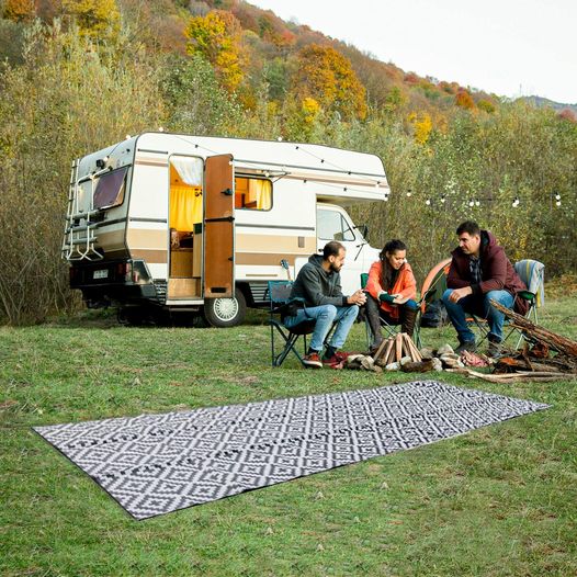 Large Diamond Black & Grey Outdoor Rug – Reversible Camping & Caravan Mat