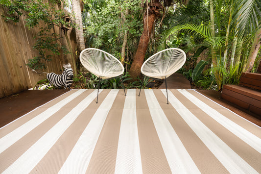 Striped beige and white outdoor rug waterproof reversible camping mat