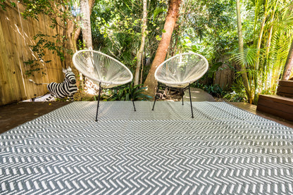 Herringbone cool grey outdoor rug used for camping caravan patio outdoor setup