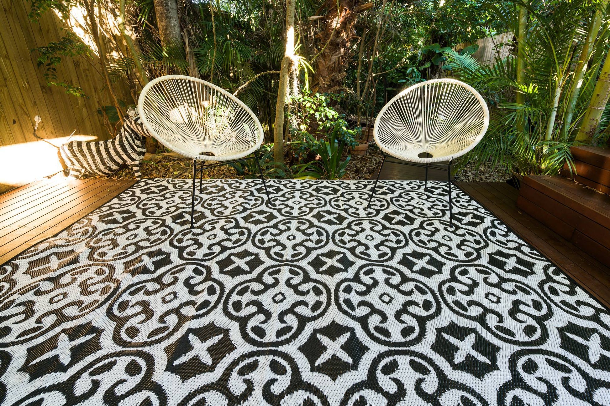 Lisboa black outdoor rug used for camping caravan patio outdoor setup