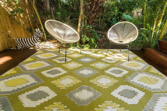 Positano yellow grey and white outdoor rug waterproof reversible camping mat