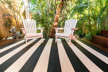 Striped black and white and white outdoor rug waterproof reversible camping mat